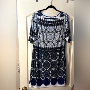 Eliza J Dark Crew Neck Blue and White Flutter Sleeve Sheath Midi Dress 16